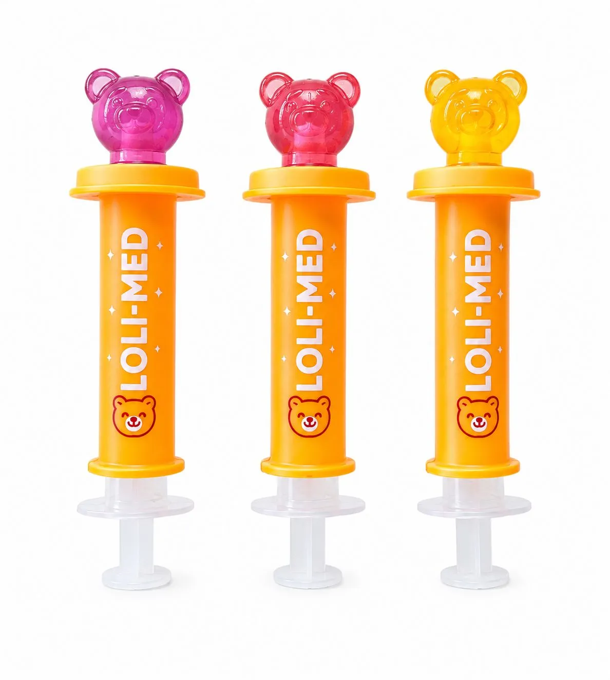 Three Loli-Med dispensers in Strawberry, Orange, and Blueberry